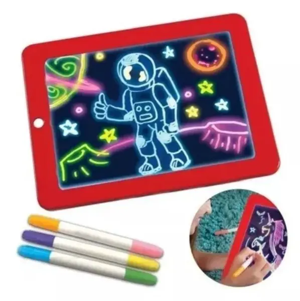 Pizarra mágica LED con marco rojo y pantalla transparente donde se dibuja un astronauta y planetas, acompañada de tres rotuladores de neón y una niña usándola en el fondo.