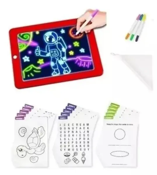 Pizarra LED roja con dibujo espacial brillante, cuatro rotuladores fluorescentes, paño de limpieza y plantillas impresas de actividades y dibujos.