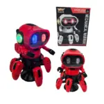Robot interactivo rojo con luces LED, incluye un modelo grande, uno pequeño y su caja de empaque con diseño de guerrero mecánico.