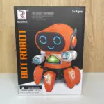 Caja de robot juguete interactivo naranja, con luces en los ojos y pecho, múltiples patas y diseño apto para niños mayores de 3 años.