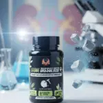 Frasco negro de suplemento renal Stone Dissolver con diseño botánico, rodeado de fragmentos de cálculos flotantes y fondo de laboratorio médico.