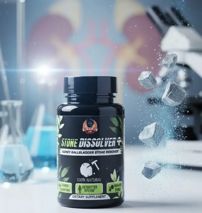 Frasco negro de suplemento renal Stone Dissolver con diseño botánico, rodeado de fragmentos de cálculos flotantes y fondo de laboratorio médico.