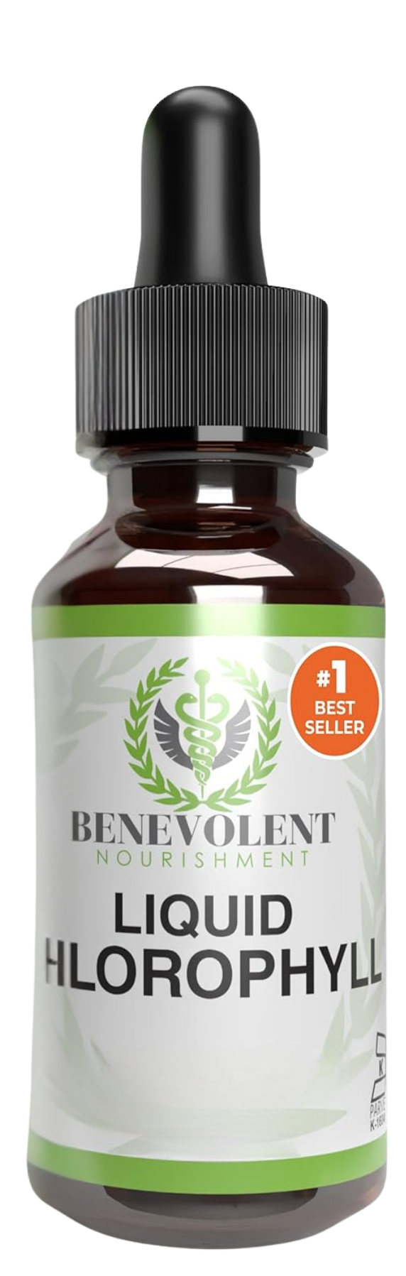 Frasco de vidrio ámbar con gotero de Benevolent Nourishment que contiene clorofila líquida, con etiqueta blanca, logo médico y sello de más vendido.