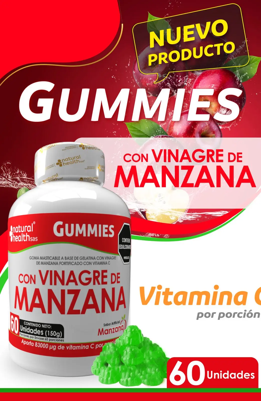 Frasco de gomitas de vinagre de manzana con vitamina C, presentación de 60 unidades, con gomitas verdes sobre fondo rojo con manzanas.