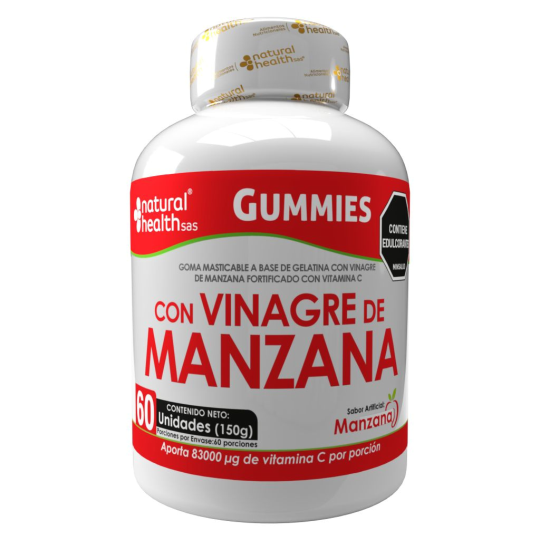 Frasco blanco con etiqueta roja de gomitas de vinagre de manzana y vitamina C. Contiene 60 unidades de 150g con sabor a manzana.