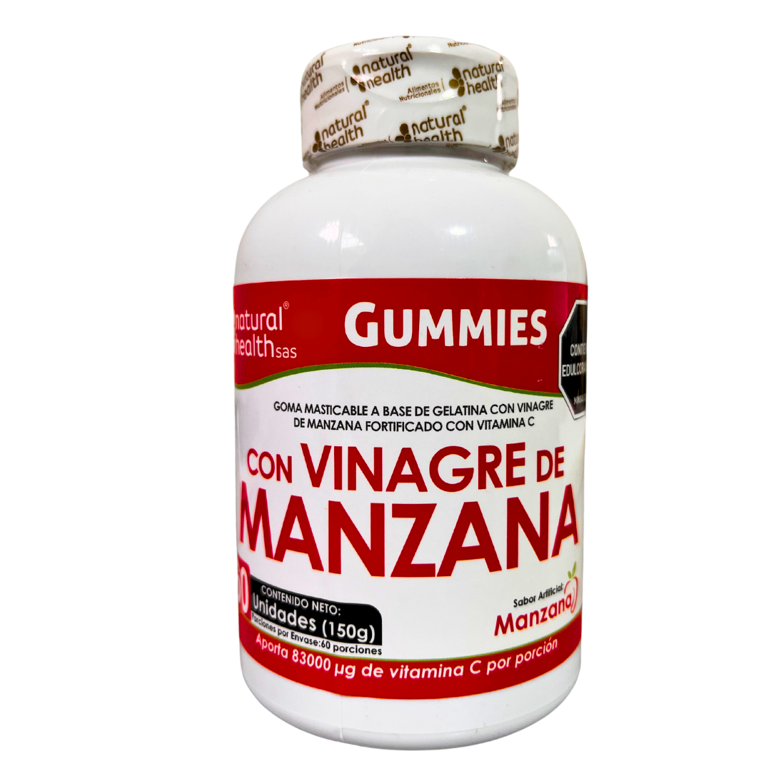 Frasco blanco de gomitas de vinagre de manzana con vitamina C, etiqueta roja y blanca, presentación de 150g, sobre fondo negro.