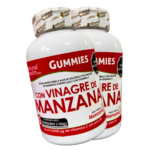 Dos frascos blancos de gomitas de vinagre de manzana con vitamina C, marca Natural Health, contenido neto 150g, sobre fondo negro.