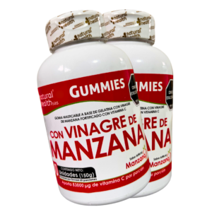 Dos frascos blancos de gomitas de vinagre de manzana con vitamina C, marca Natural Health, contenido neto 150g, sobre fondo negro.