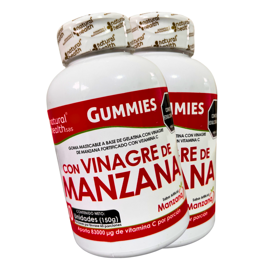 Dos frascos blancos de gomitas de vinagre de manzana con vitamina C, marca Natural Health, contenido neto 150g, sobre fondo negro.