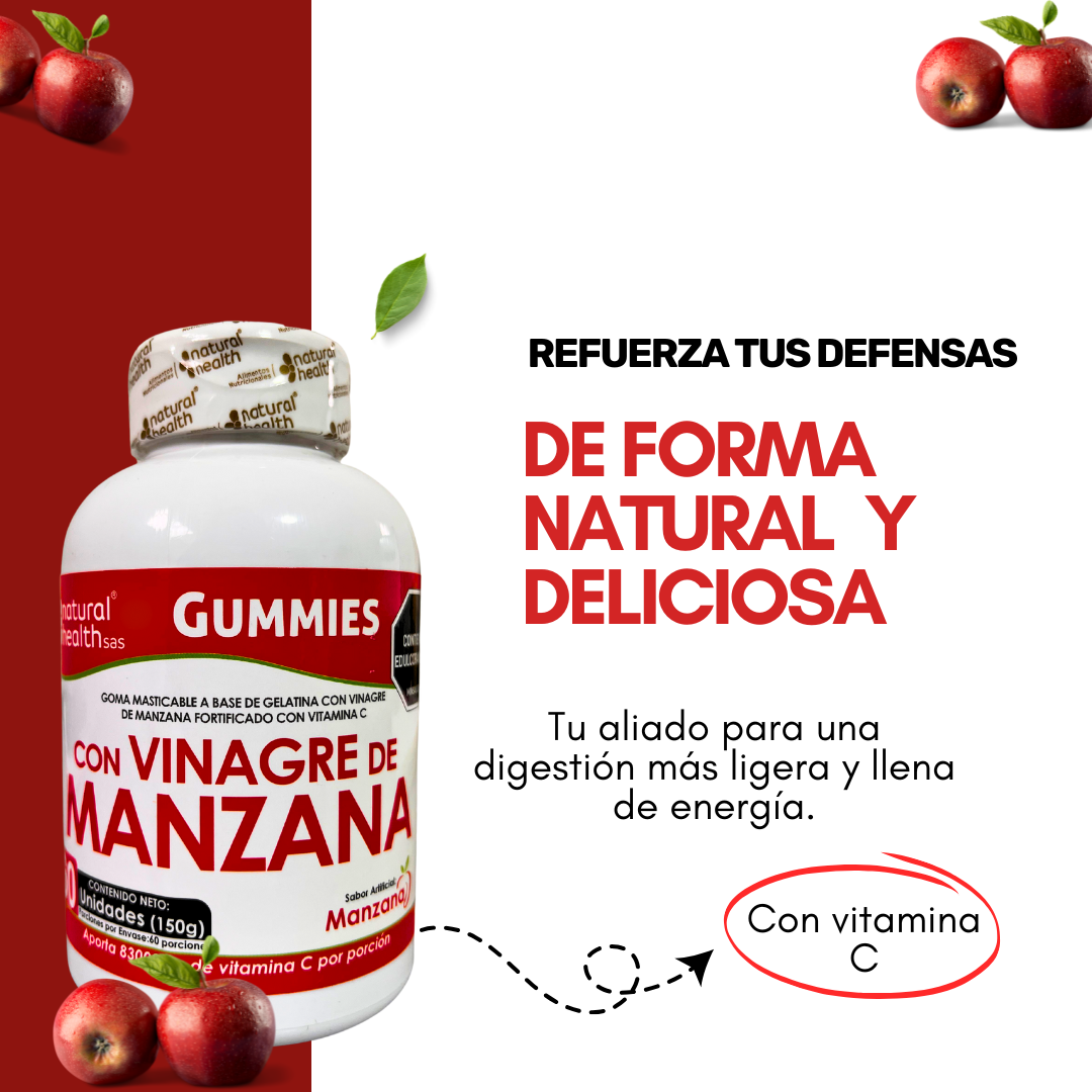 Gomitas de vinagre de manzana con vitamina C en frasco blanco con etiqueta roja, rodeadas de manzanas para reforzar defensas y digestión.