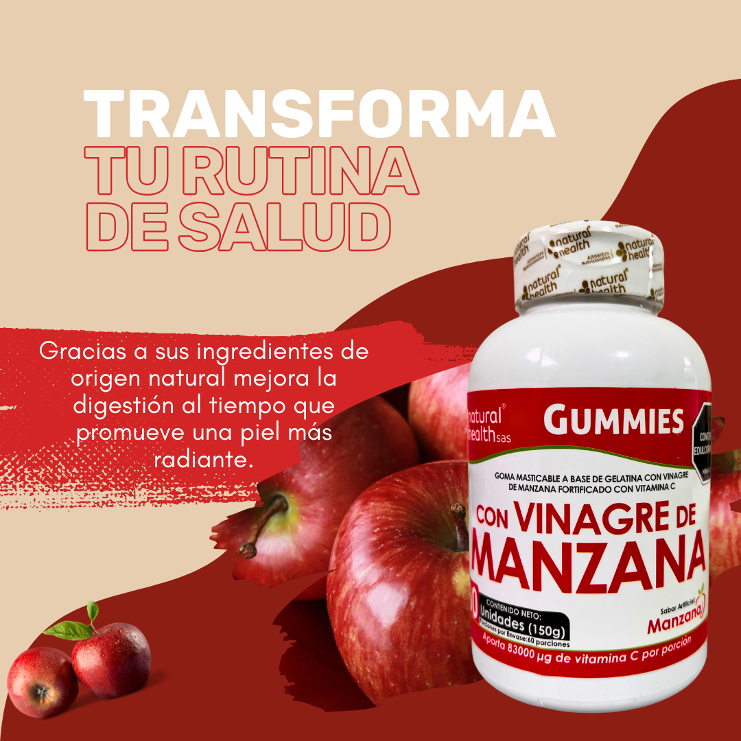 Frasco de gomitas de vinagre de manzana con vitamina C, 150g, sobre fondo con manzanas rojas frescas y texto promocional sobre salud digestiva y piel.