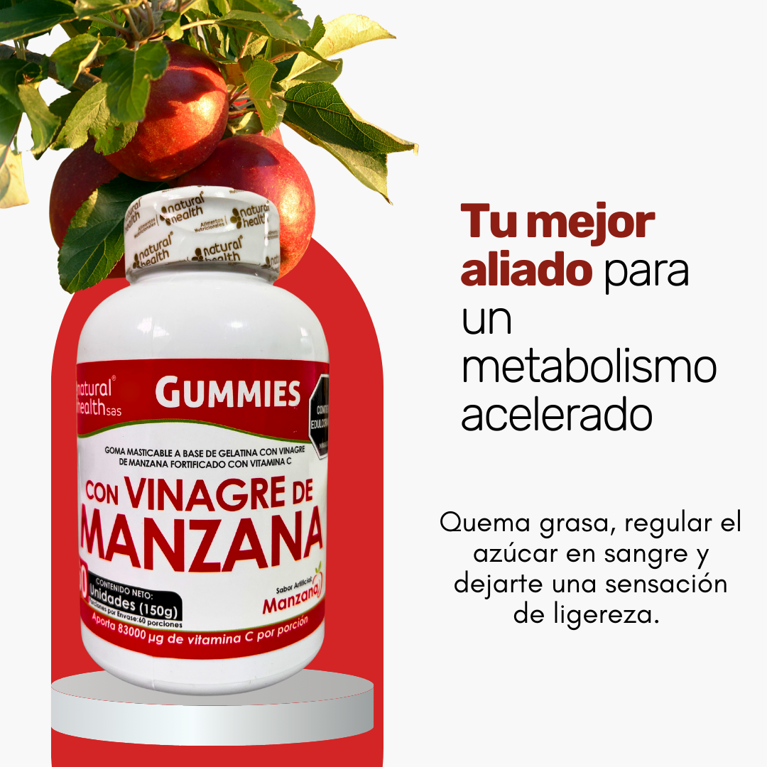 Frasco blanco de gomitas de vinagre de manzana con vitamina C, etiqueta roja, junto a manzanas frescas para acelerar el metabolismo.