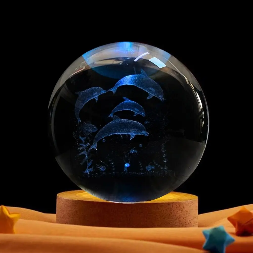 Lámpara LED 3D de cristal con delfines y base de madera - Crea ambientes relajantes en tu hogar