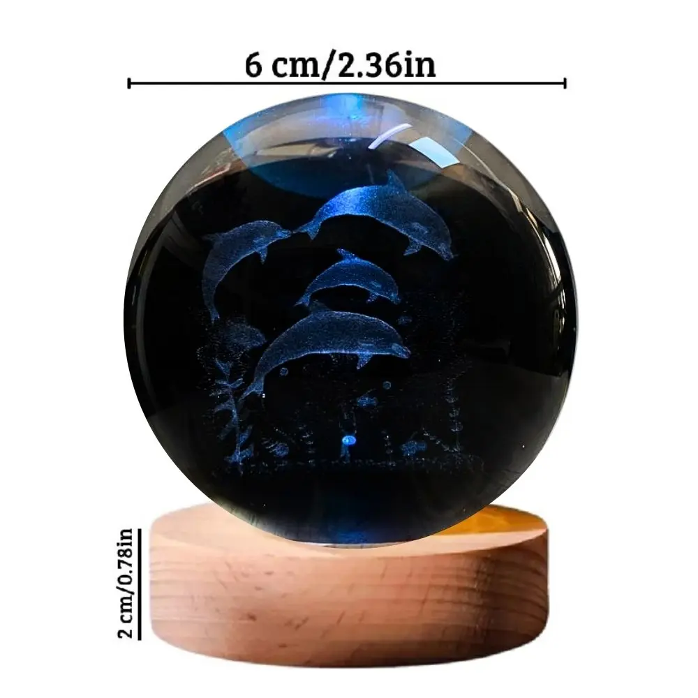 Lámpara LED 3D de cristal con delfines y base de madera - Crea ambientes relajantes en tu hogar