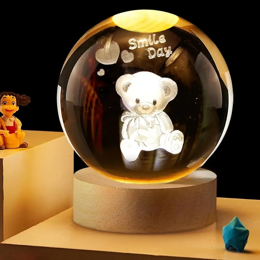 Lámpara LED 3D de cristal con diseño de oso y base de madera - Crea un ambiente cálido y relajante en dormitorios infantiles