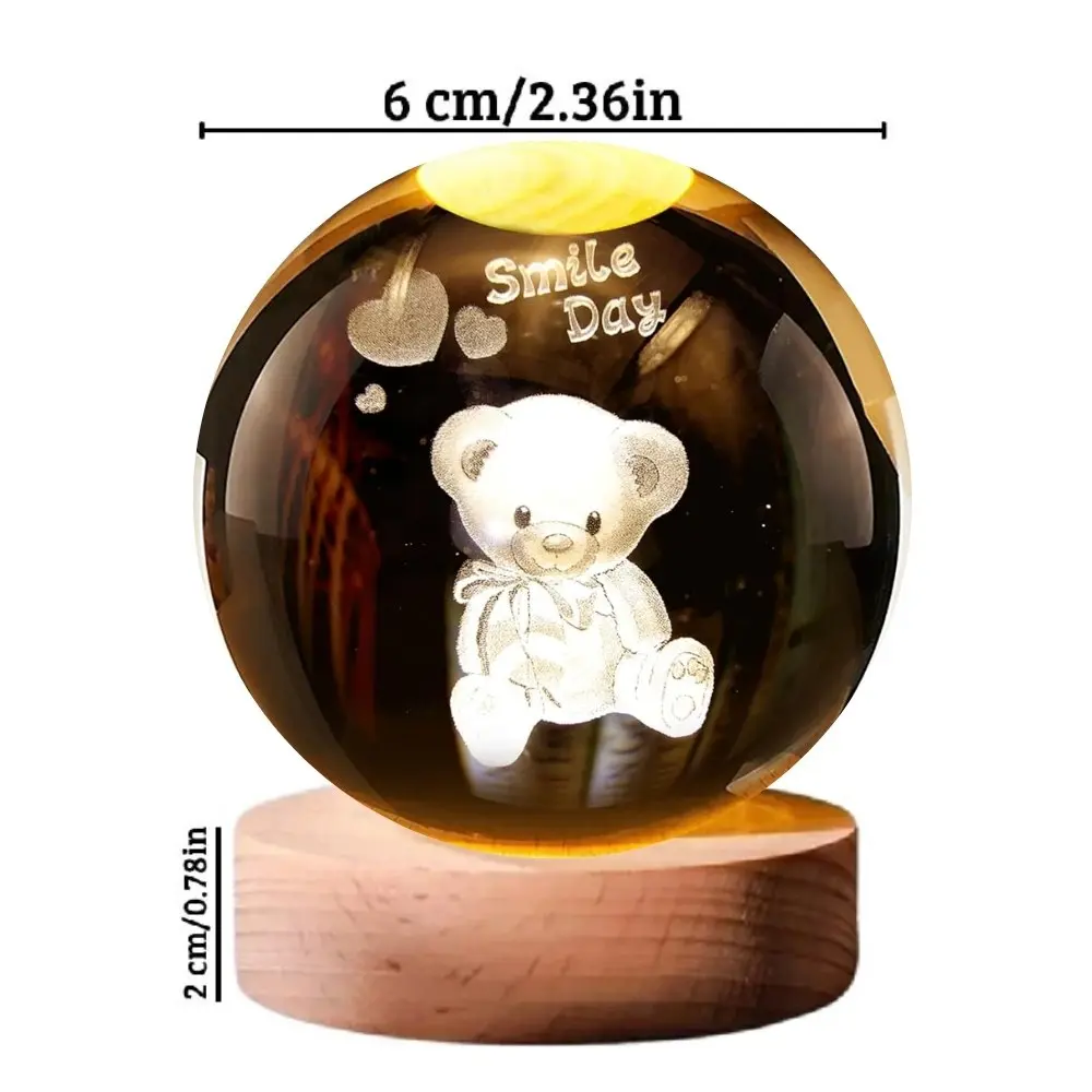 Lámpara LED 3D de cristal con diseño de oso y base de madera - Crea un ambiente cálido y relajante en dormitorios infantiles
