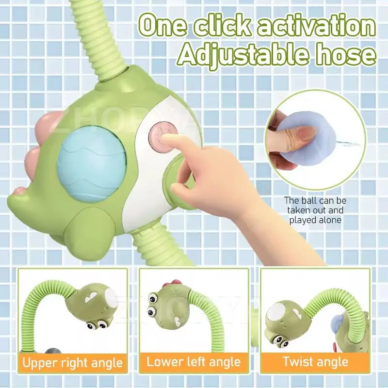 Ducha eléctrica verde con manguera ajustable y botón de encendido en forma de dinosaurio para baño infantil con bola extraíble