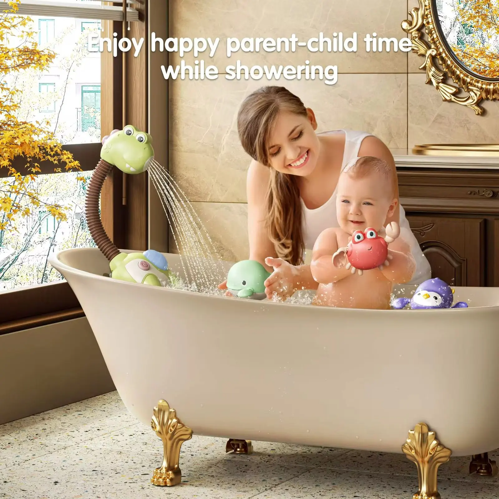 Ducha eléctrica verde con forma de dinosaurio para tina infantil, incluye juguetes flotantes de animales y cuello flexible para un flujo suave de agua.
