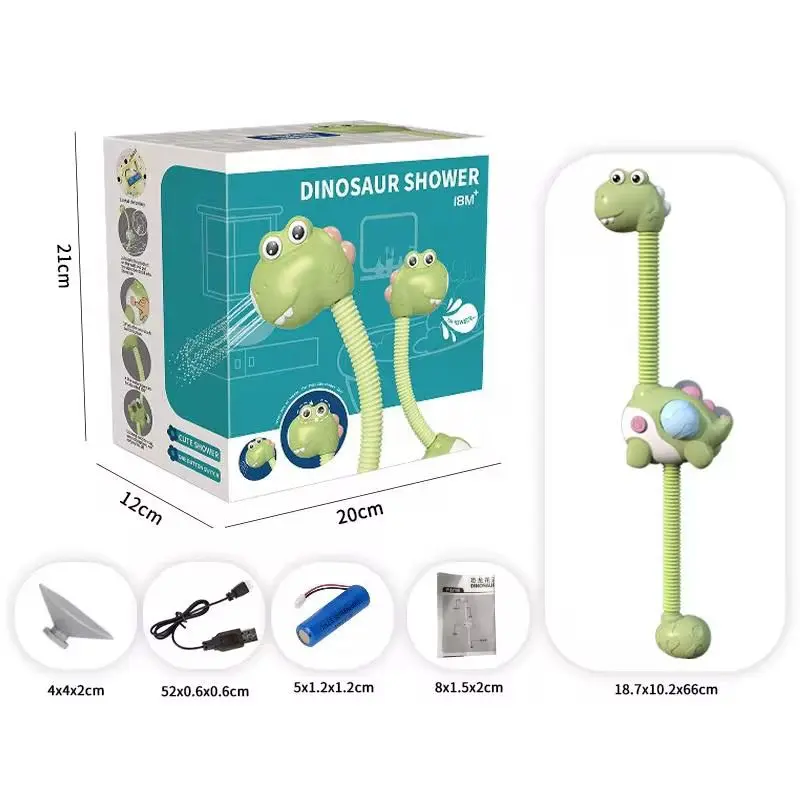 Ducha eléctrica infantil verde con diseño de dinosaurio, cuello flexible, caja de empaque de 20x12x21cm, cable USB, batería recargable, ventosa y manual
