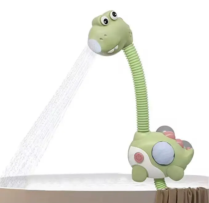 Ducha eléctrica de baño para bebé con diseño de dinosaurio verde, cuello flexible y chorro de agua continuo.