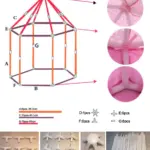 Esquema de piezas para carpa hexagonal infantil, incluye tubos de 86.5cm, 68cm y 40.5cm, conectores plásticos y manual de ensamblaje en tonos blancos.