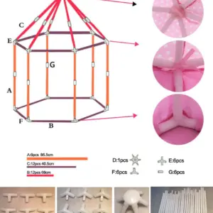 Esquema de piezas para carpa hexagonal infantil, incluye tubos de 86.5cm, 68cm y 40.5cm, conectores plásticos y manual de ensamblaje en tonos blancos.