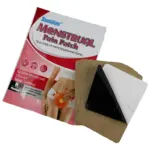 Empaque de parches Sumifun para alivio de cólicos menstruales con de abdomen, junto a parches color café y elementos negro y blanco.