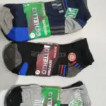 Tres pares de medias tobilleras Othello en colores azul oscuro, negro y gris, talla 10-13, con diseño deportivo y detalles en contraste.