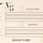 Tarjeta de envío beige con diseño botánico, campos para datos de remitente y destinatario, y mensaje de agradecimiento por la compra.