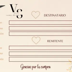 Tarjeta de envío beige con diseño botánico, campos para datos de remitente y destinatario, y mensaje de agradecimiento por la compra.