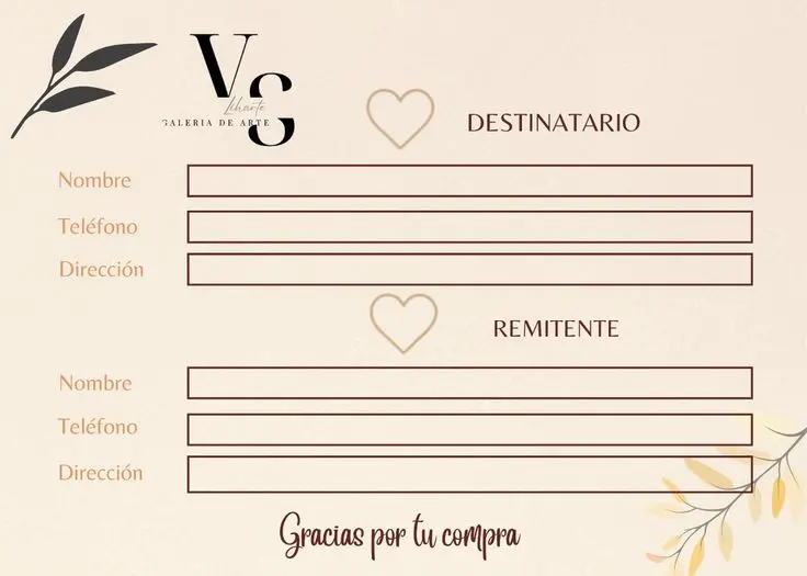 Tarjeta de envío beige con diseño botánico, campos para datos de remitente y destinatario, y mensaje de agradecimiento por la compra.