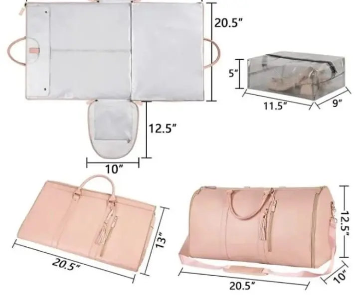 Bolso de viaje 2 en 1 rosado con portatrajes desplegable, medidas de 20.5 por 13 pulgadas, incluye bolsa transparente para zapatos.