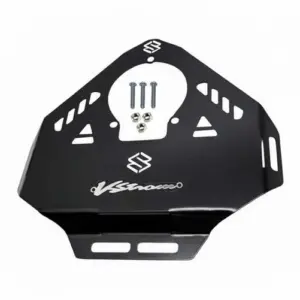 Parrilla de tanque negra en acero para Suzuki V-Strom, con tres tornillos, tres tuercas y emblema de la marca.
