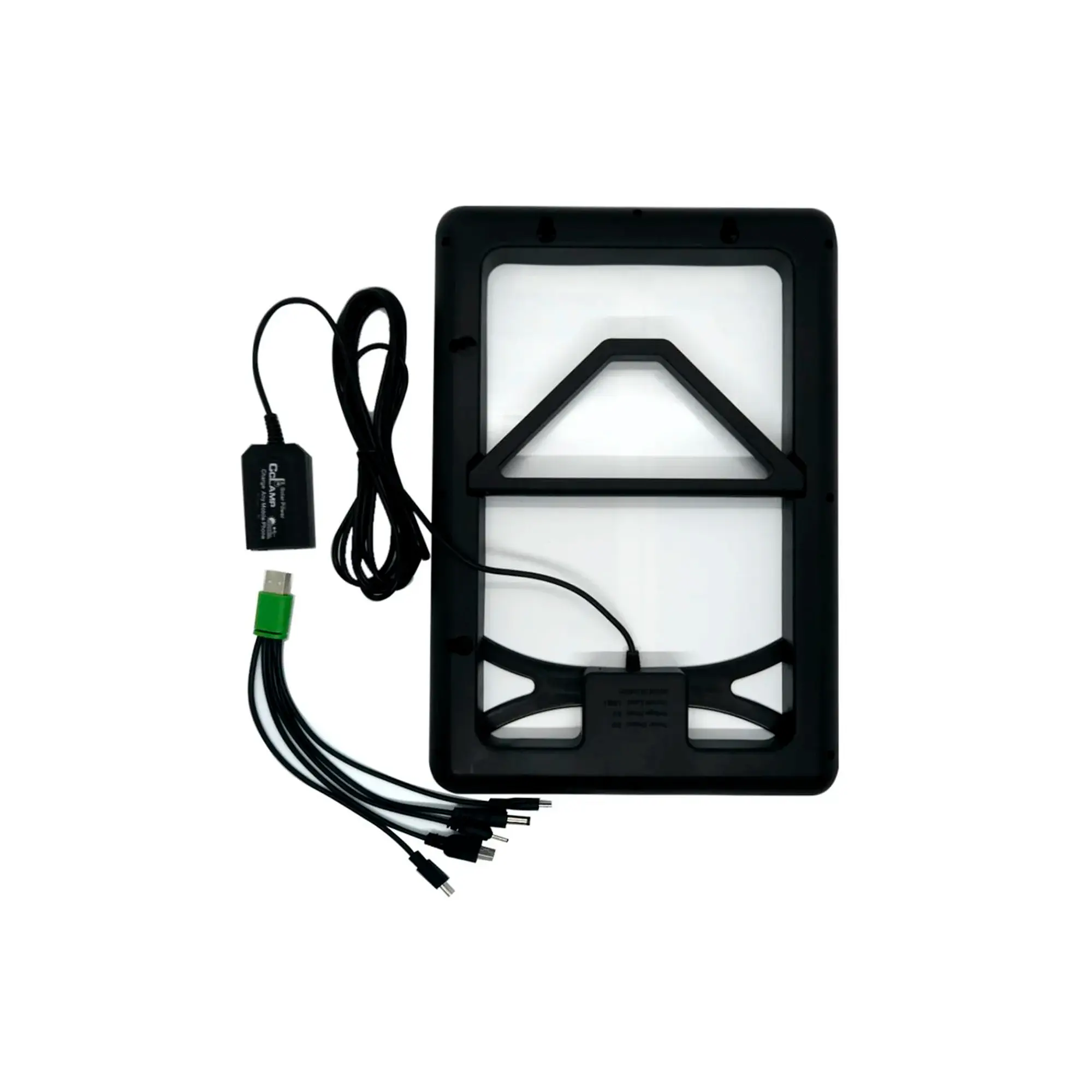 Cargador solar Pro 8W con panel negro de marco geométrico, controlador y cables con múltiples conectores USB para carga portátil.