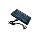 Panel solar portátil negro de marco rectangular con matriz de celdas fotovoltaicas, cable con caja de control y múltiples conectores de salida.