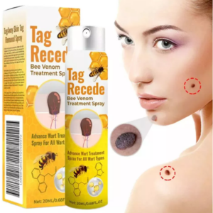 Spray amarillo de 20 ml para eliminar verrugas y marcas de la piel con extracto de abeja, junto a modelo con lesiones cutáneas.