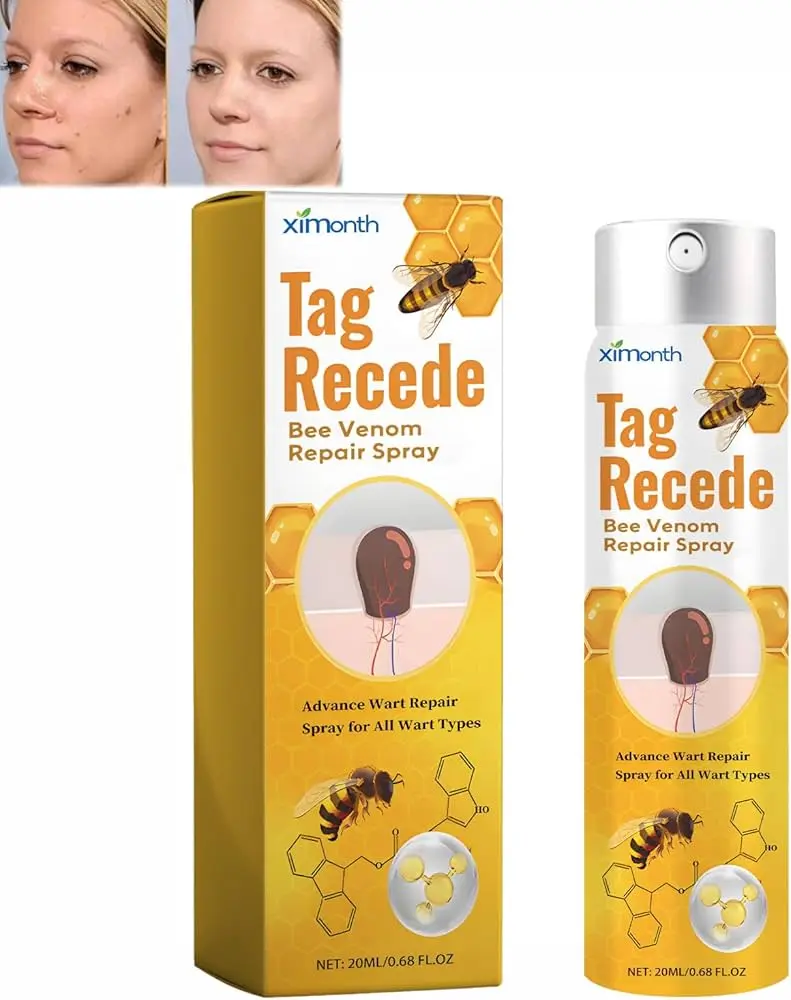 Spray para eliminar verrugas Tag Recede de 20 ml con extracto de veneno de abeja, caja y envase amarillo con de panal.