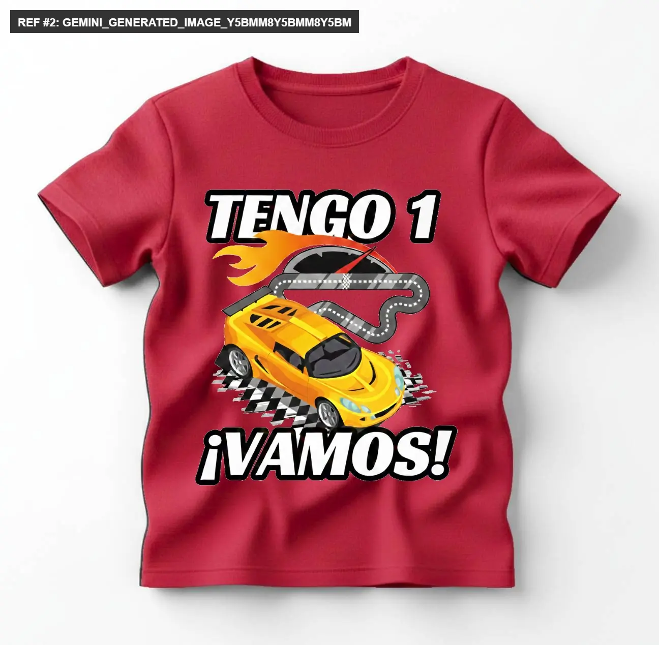 Camiseta roja de manga corta con estampado de carro deportivo amarillo, pista de carreras y texto TENGO 1 ¡VAMOS! para cumpleaños infantil.