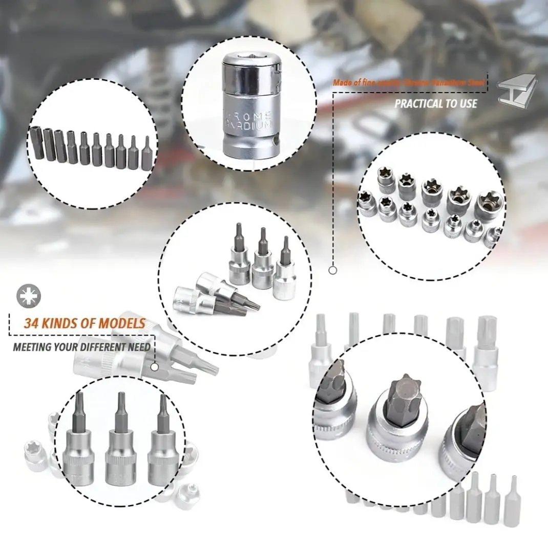 Set de 34 Copas y Puntas Torx en Cromo Vanadio - Cubre Todas las Medidas