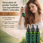 Spray capilar Ouhoe con extracto de ginseng y jengibre en frasco verde de 100 mililitros sobre tabla de madera rodeado de hierbas naturales.