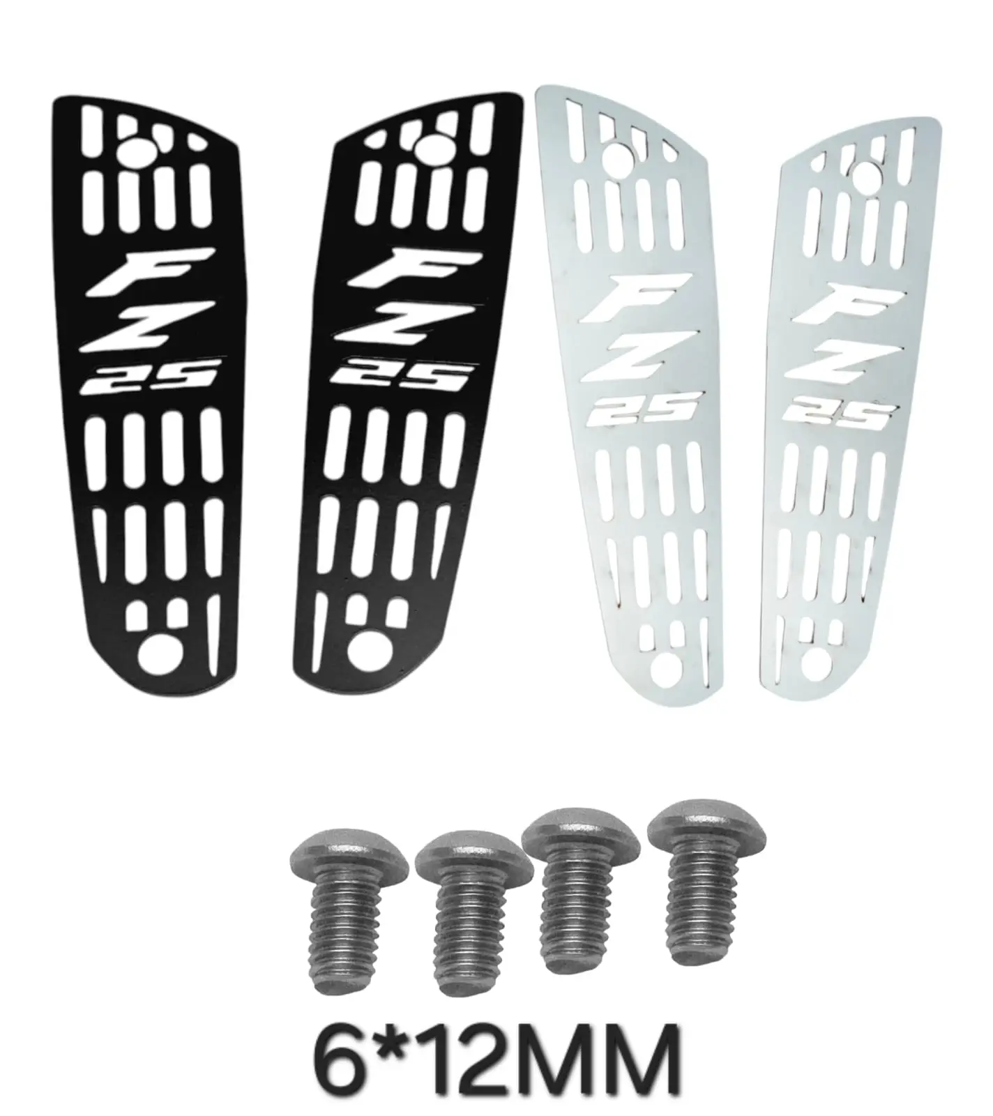 Kit de protectores laterales para Yamaha FZ 25 en acero negro y brillante, con rejillas ranuradas e incluye cuatro tornillos de 6x12 mm