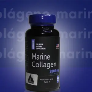 Frasco negro de colágeno marino en cápsulas, tapa azul, 2000 mg por porción con ácido hialurónico, sobre fondo azul con texto semitransparente.