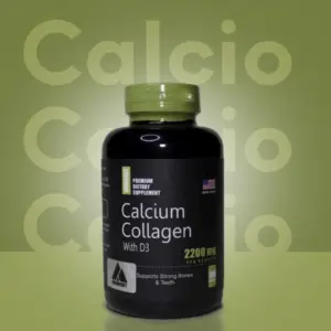 Frasco negro de suplemento Workout Calcium Collagen con D3, tapa verde, 2200 mg por porción para fortalecer huesos y dientes, fondo verde oliva.