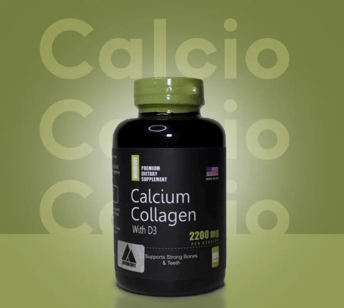 Frasco negro de suplemento Workout Calcium Collagen con D3, tapa verde, 2200 mg por porción para fortalecer huesos y dientes, fondo verde oliva.