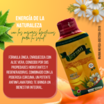 Concentrado líquido de extractos herbales y vitaminas en botella plástica de 400 ml, con aloe vera y cúrcuma, sobre fondo amarillo con margaritas y aloe.
