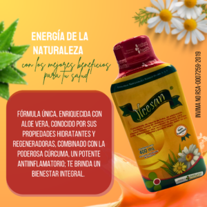 Concentrado líquido de extractos herbales y vitaminas en botella plástica de 400 ml, con aloe vera y cúrcuma, sobre fondo amarillo con margaritas y aloe.