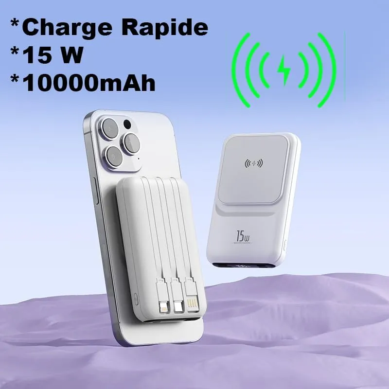 Power Bank W010 Inalámbrico 10000 mAh con Tres Cables y Carga Rápida - Mantén todos tus dispositivos con energía sin depender de cables tradicionales
