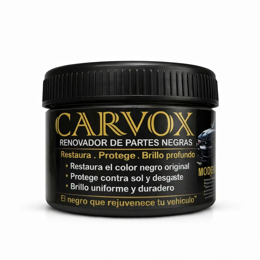 Tarro cilíndrico negro con tapa estriada de Carvox renovador de partes negras, etiqueta dorada y detalles de uso automotriz.