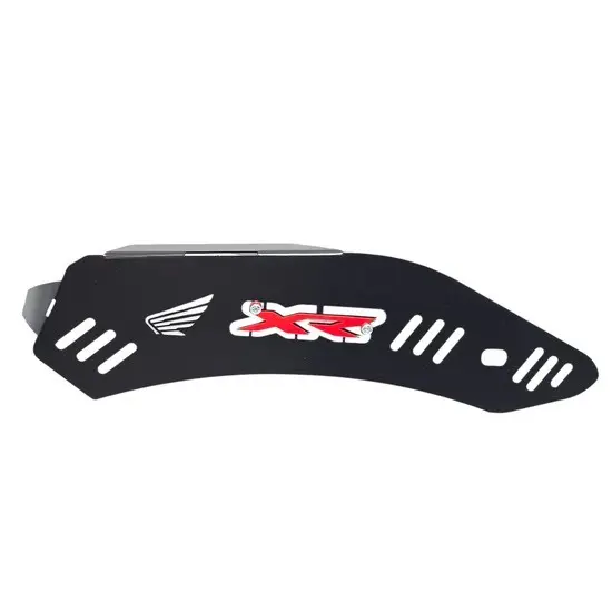 Protector de mofle negro para motocicleta en acero inoxidable con logo XR en rojo y blanco y ranuras laterales decorativas