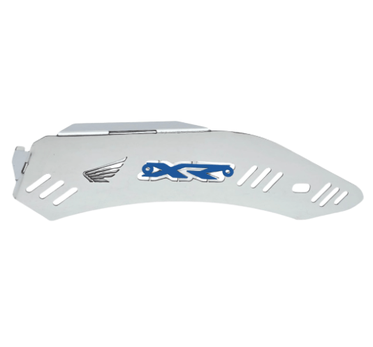 Protector de mofle en acero inoxidable plateado con logos de Honda y XR, diseño curvo con ranuras de ventilación laterales.